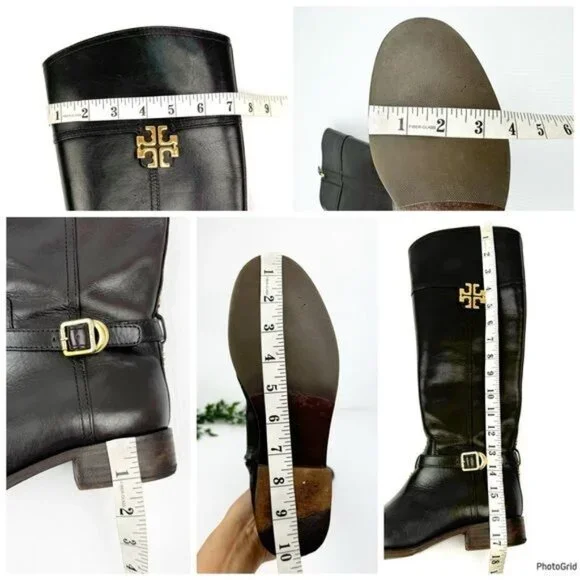Tory Burch The Eloise Tall logo Riding Boot Leather Deep Brown w Gold details 7 - Picture 4 of 11